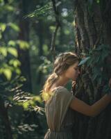 ai generado pensativo mujer abrazando grande árbol maletero en el bosque, conexión con naturaleza foto