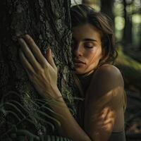 ai generado pensativo mujer abrazando grande árbol maletero en el bosque, conexión con naturaleza foto