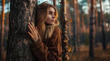 AI generated Pensive woman hugging big tree trunk in the forest, connection with nature photo