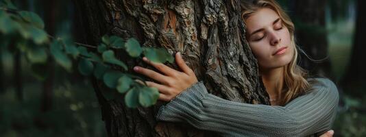 ai generado pensativo mujer abrazando grande árbol maletero en el bosque, conexión con naturaleza foto