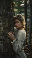 AI generated Pensive woman hugging big tree trunk in the forest, connection with nature photo