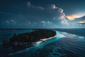 ai generado aéreo ver de un hermosa tropical isla en el medio de el Oceano foto