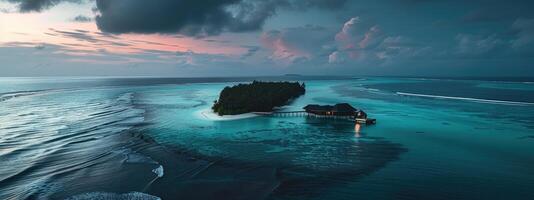 ai generado aéreo ver de un hermosa tropical isla en el medio de el Oceano foto