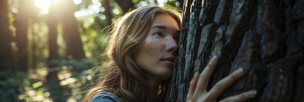 ai generado pensativo mujer abrazando grande árbol maletero en el bosque, conexión con naturaleza foto