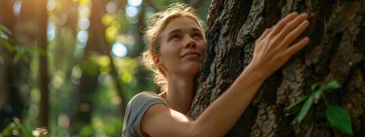 ai generado pensativo mujer abrazando grande árbol maletero en el bosque, conexión con naturaleza foto