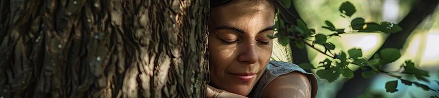 ai generado pensativo mujer abrazando grande árbol maletero en el bosque, conexión con naturaleza foto