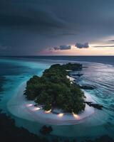 ai generado aéreo ver de un hermosa tropical isla en el medio de el Oceano foto