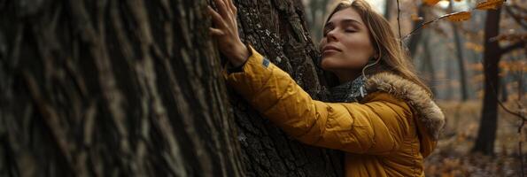 ai generado pensativo mujer abrazando grande árbol maletero en el bosque, conexión con naturaleza foto