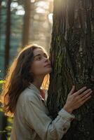 ai generado pensativo mujer abrazando grande árbol maletero en el bosque, conexión con naturaleza foto