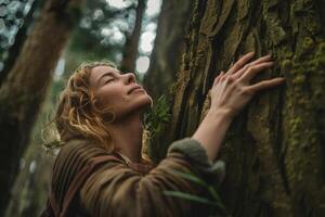 ai generado pensativo mujer abrazando grande árbol maletero en el bosque, conexión con naturaleza foto