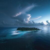 ai generado aéreo ver de un hermosa tropical isla en el medio de el Oceano foto