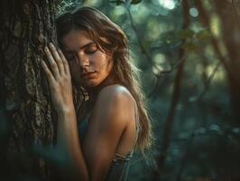 ai generado pensativo mujer abrazando grande árbol maletero en el bosque, conexión con naturaleza foto