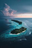 ai generado aéreo ver de un hermosa tropical isla en el medio de el Oceano foto