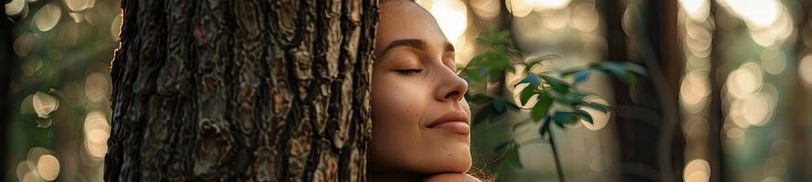 AI generated Pensive woman hugging big tree trunk in the forest, connection with nature photo