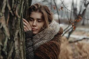 ai generado pensativo mujer abrazando grande árbol maletero en el bosque, conexión con naturaleza foto