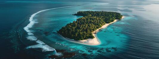 ai generado aéreo ver de un hermosa tropical isla en el medio de el Oceano foto