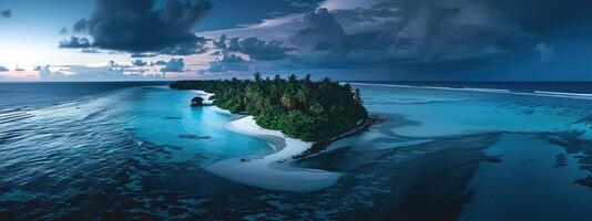 ai generado aéreo ver de un hermosa tropical isla en el medio de el Oceano foto