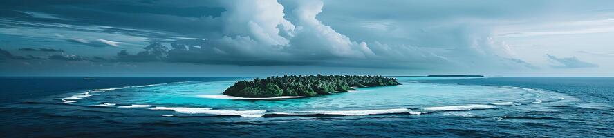 ai generado aéreo ver de un hermosa tropical isla en el medio de el Oceano foto