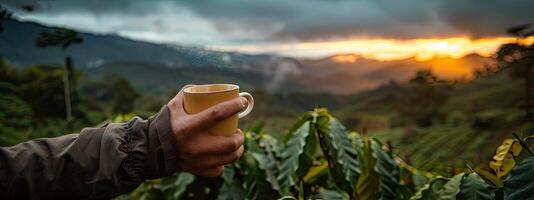 ai generado disfrutar un taza de café mientras con vista a un café plantación foto