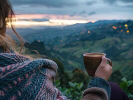 AI generated enjoy a cup of coffee while overlooking a coffee plantation photo