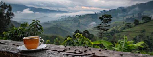 ai generado disfrutar un taza de café mientras con vista a un café plantación foto