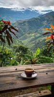 ai generado disfrutar un taza de café mientras con vista a un café plantación foto