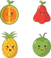 Collection of Different Kawaii Fruit Mascot. Cute Cartoon Character. Vector Illustration