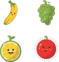 Collection of Different Kawaii Fruit Mascot. Cute Cartoon Character. Vector Illustration