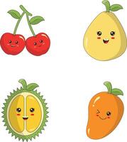 Collection of Different Kawaii Fruit Mascot. Cute Cartoon Character. Vector Illustration