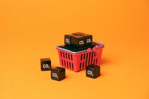 Shopping basket and cubic CO2 carbon dioxide. Customers carbon footprint. Achieve an understanding of impact on the environment by your lifestyle and habits. Greenhouse gas consumption and footprint. photo