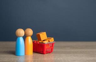 Shopping basket and customers. Market basket research. Gain insight into the hearts and minds of consumers. Products and marketing strategies. Buyer preferences. photo