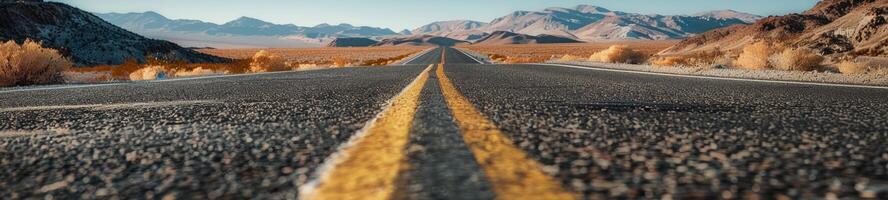 ai generado la carretera en el desierto, amarillo tráfico línea foto