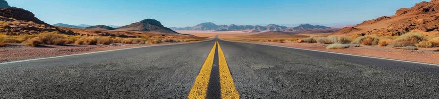 ai generado la carretera en el desierto, amarillo tráfico línea foto