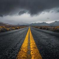 ai generado la carretera en el desierto, amarillo tráfico línea foto