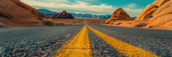 ai generado la carretera en el desierto, amarillo tráfico línea foto