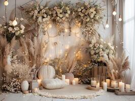 AI generated backdrop for beige boho photoshoot in yellow lights and white flowers photo