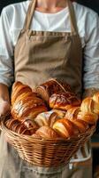 AI generated Close-up woman holding wicker basket with many different pastries photo