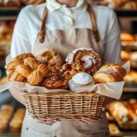 AI generated Close-up woman holding wicker basket with many different pastries photo