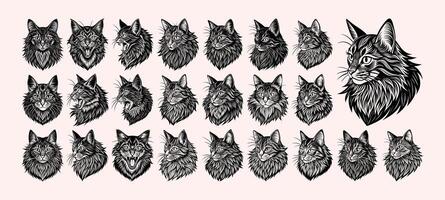 AI generated Bundle of hand drawn side view maine coon cat head silhouette design vector