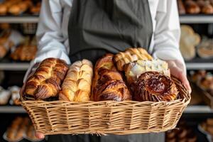 AI generated Close-up woman holding wicker basket with many different pastries photo