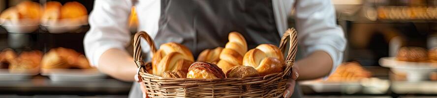 AI generated Close-up woman holding wicker basket with many different pastries photo