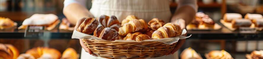 AI generated Close-up woman holding wicker basket with many different pastries photo