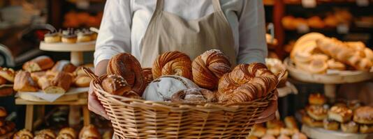 AI generated Close-up woman holding wicker basket with many different pastries photo