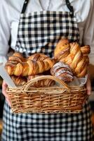 AI generated Close-up woman holding wicker basket with many different pastries photo