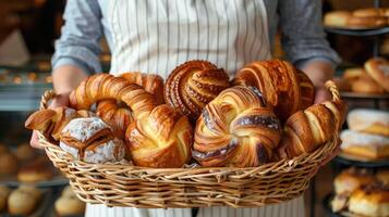 AI generated Close-up woman holding wicker basket with many different pastries photo