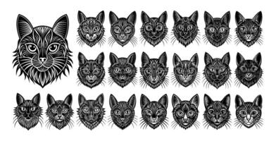 AI generated Collection of flat engraving cat head illustration design vector