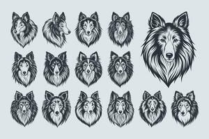 ai generado sheltie perro cara silueta ilustración diseño conjunto vector