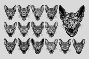 AI generated Flat engraving meowing sphynx cat head silhouette design set vector