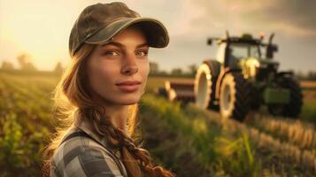 ai generado hermosa hembra granjero en un gorra con un tractor en el antecedentes foto