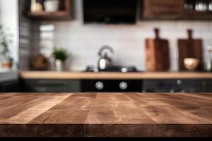 AI generated brown wooden kitchen table blurry background photo